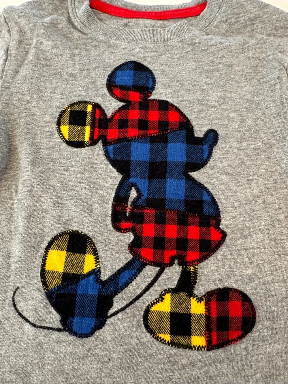 GAP Grey Long-Sleeve Tee with Plaid Disney Mickey Mouse in Red, Blue & Yellow